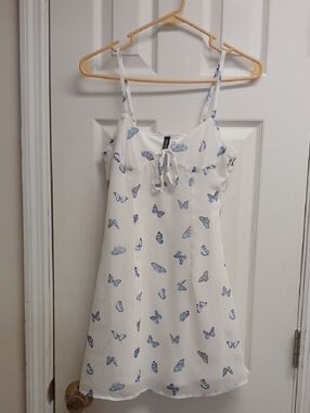 H&M Divided White Blue Butterfly Print Tie-Front Mini Dress XXS Y2K Cottagecore